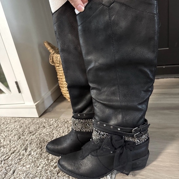 Not Rated Shoes - Not Rated Womens 6.5 Black Riding Boots Heeled W Tulle Bow NEW!